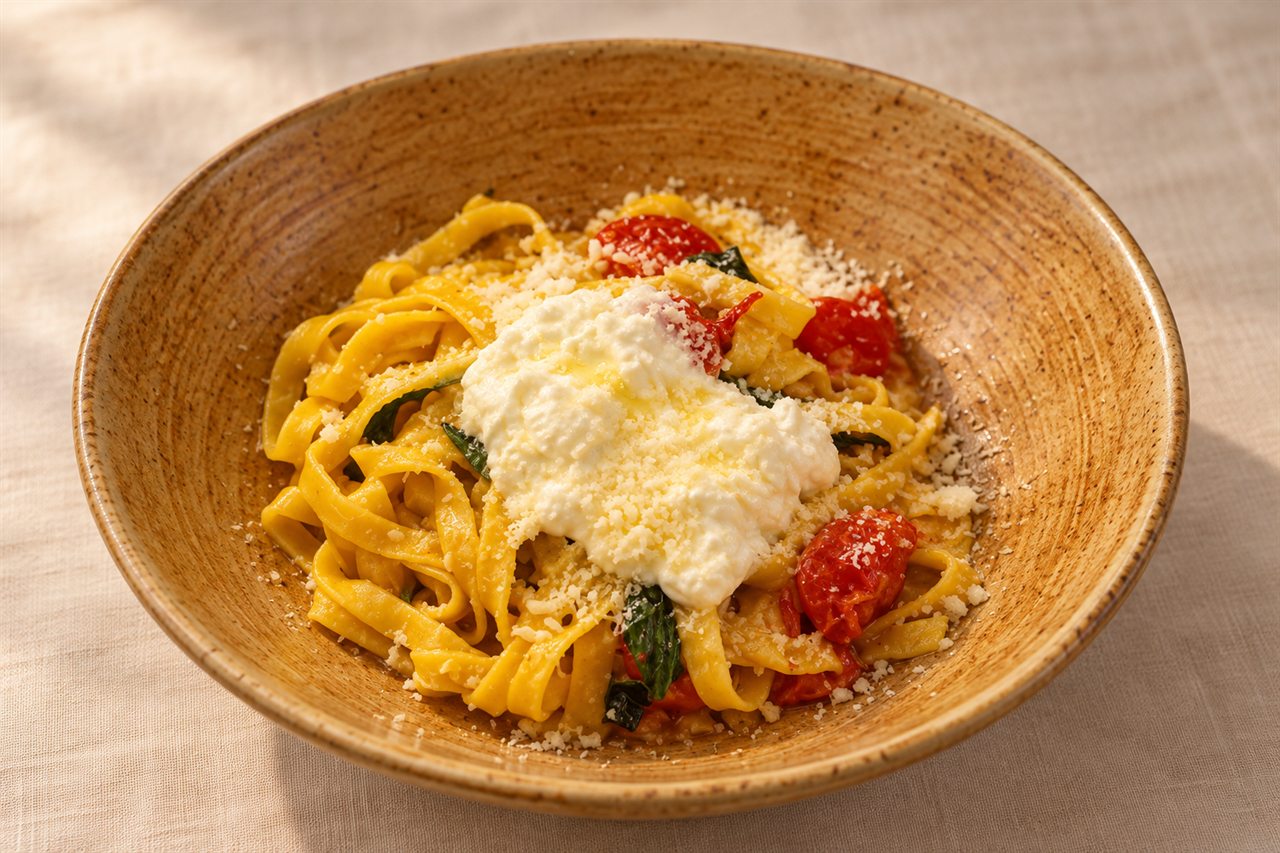 Fettuccine all'uovo con burrata, pomodorini e basilico