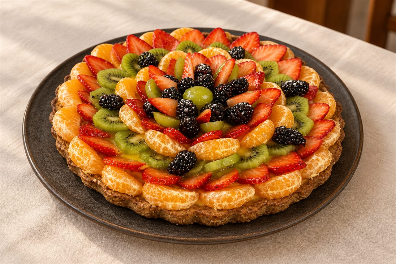 Crostata di frutta fresca con fragole, kiwi, mandarini, more e uva