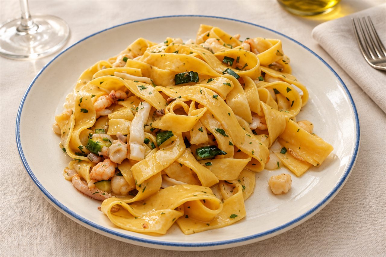 Fettuccine ai frutti di mare con zucchine