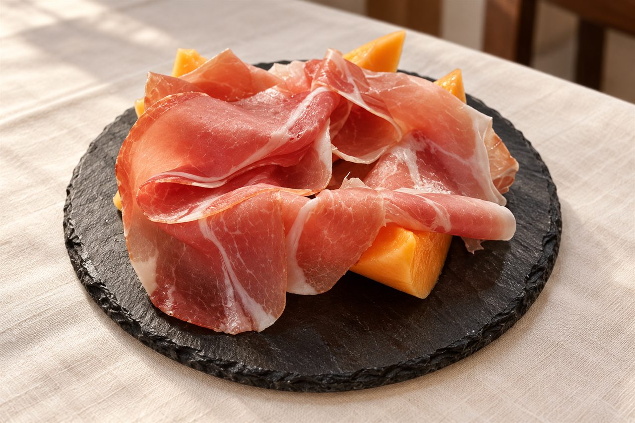 Prosciutto crudo disposto su spicchi di melone maturo